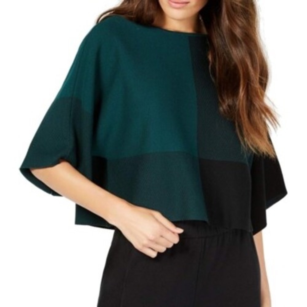Eileen Fisher Colorblock Tencel Lyocell Boxy Sweater Dark Green Black F18AAH M
